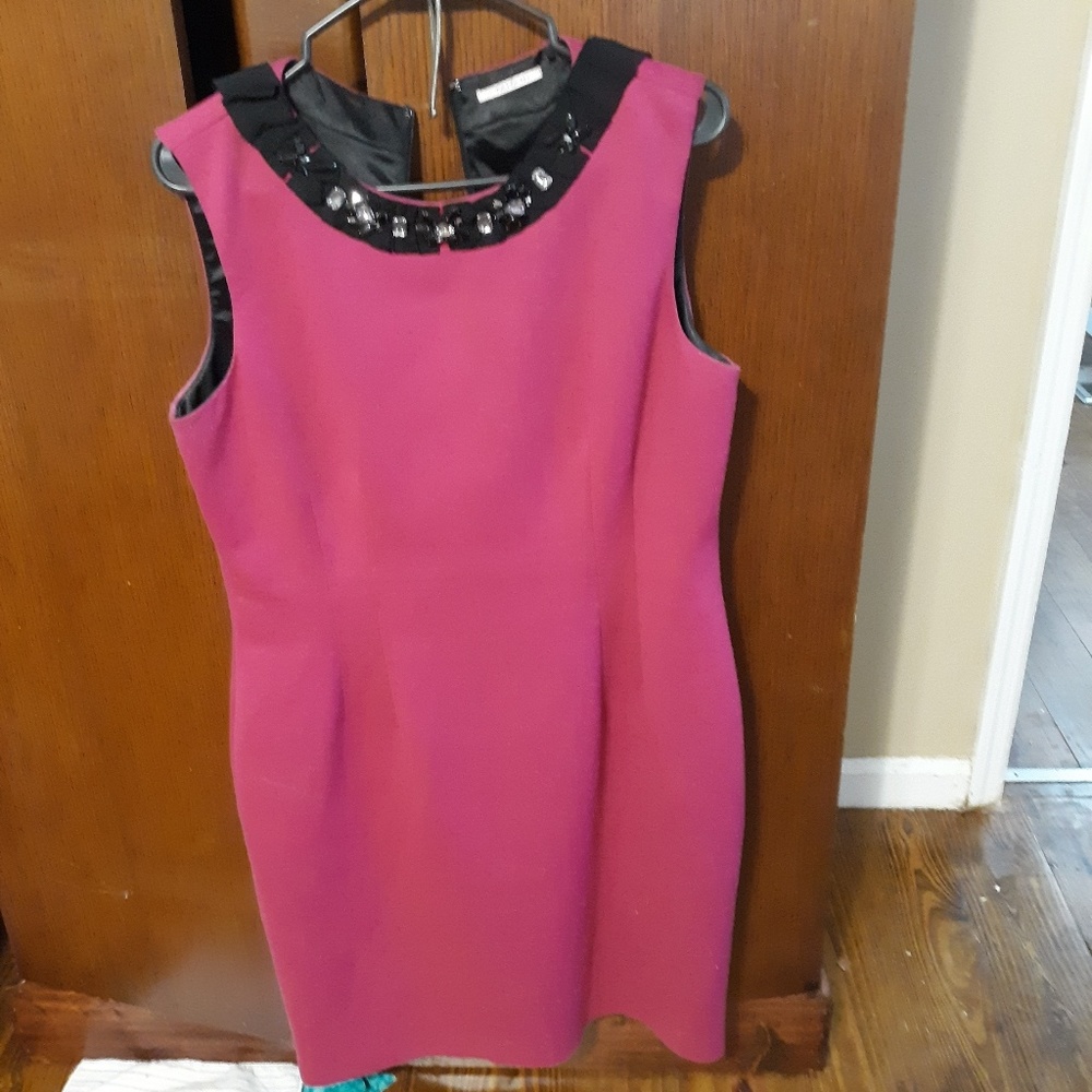 Pink Tahari Dress with embellished neckline.